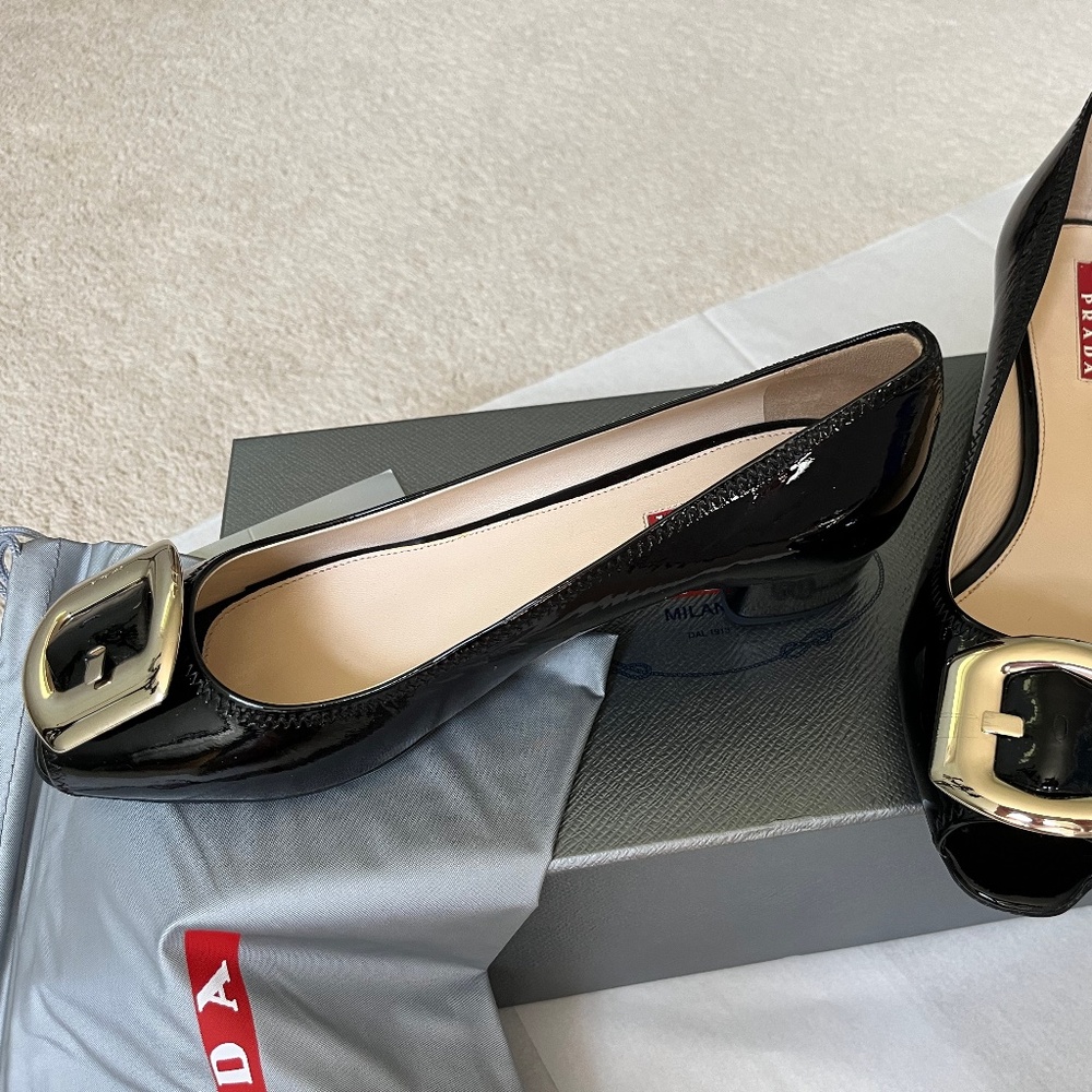 Prada Black Patent Open Toe Pump